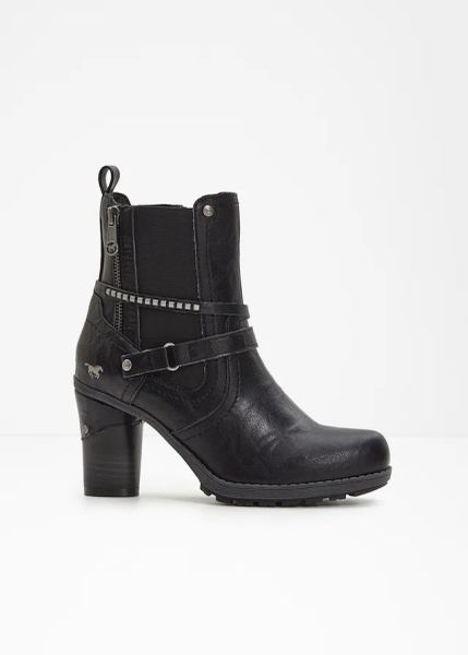 Botki Mustang. Czarne botki damskie bonprix, bez wzorów, bez obcasa, na obcasie, bez zapięcia. Za 349.99 zł.