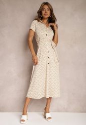 Beżowa Taliowana Sukienka z Wiskozą o Kroju Koszulowym z Guzikami i Paskiem Cosofia. Brązowe sukienki damskie Renee, m, bez wzorów, z jeansu, eleganckie, bez kołnierzyka, bez ramiączek, midi, koszulowe. Za 129.99 zł.