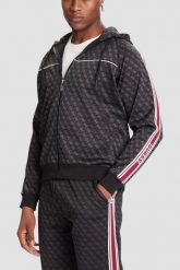 GUESS Czarna rozpinana męska bluza w monogram z lampasami i kapturem Parimo 4G, Rozmiar XXL. Czarne bluzy męskie Guess, m, z aplikacjami, z dresówki, klasyczne, bez ramiączek. W wyprzedaży za 339.99 zł.
