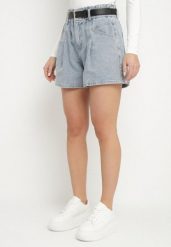 Jasnoniebieskie Szorty Jeansowe z Ozdobnymi Przeszyciami Gumką w Talii i Paskiem Alariana. Niebieskie szorty damskie Born2be, bez wzorów, z jeansu, eleganckie. Za 129.99 zł.