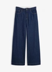 Dżinsy z szerokimi nogawkami, high waist. Niebieskie jeansy damskie bonprix, bez wzorów, z jeansu, z podwyższonym stanem. Za 117.99 zł.