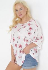 Biało-Czerwona Bluzka z Krótkim Rękawem w Kwiaty Neitta. Białe bluzki damskie Born2be, bez wzorów, z tkaniny, bez kołnierzyka, bez ramiączek. Za 44.99 zł.