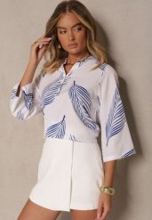 Biało-Niebieska Koszula z Bawełną i Motywem Liści Lumireline. Białe koszule damskie Renee, l, bez wzorów, z bawełny, eleganckie, bez kołnierzyka, bez ramiączek. Za 54.99 zł.