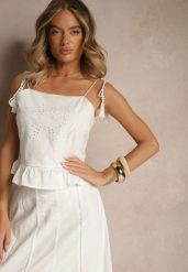 Biała Bluzka z Bawełny z Falbanką Haftami i Frędzlami Milunissa. Białe bluzki damskie Renee, l, bez wzorów, z bawełny, boho, bez kołnierzyka, bez ramiączek. Za 74.99 zł.