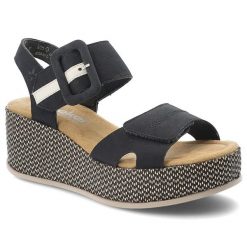 Sandały damskie Rieker, cholewka ze skóry ekologicznej zapiane na rzep fason na koturnie, granatowe, 69450-14. Niebieskie sandały damskie Rieker, bez wzorów, ze skóry ekologicznej, bez obcasa, na koturnie, bez zapięcia. Za 349.00 zł.