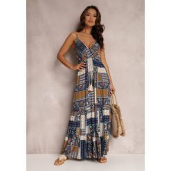 Granatowa Sukienka Grehan. Niebieskie sukienki damskie Renee, l, z aplikacjami, boho, bez kołnierzyka, bez ramiączek, maxi, kopertowe. Za 74.99 zł.