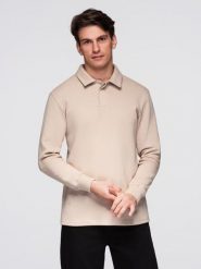 Bluza męska z kołnierzykiem polo ze strukturalnej dzianiny - beżowa V2 - Rozmiar: XL. Brązowe bluzy męskie Ombre Clothing, m, bez wzorów, z bawełny, bez ramiączek, bez kaptura. W wyprzedaży za 59.99 zł.