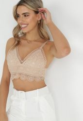Beżowy Top Koronkowy Kleianthe. Brązowe topy damskie Born2be, m, bez wzorów, z jeansu, boho, bez kołnierzyka, bez ramiączek. Za 74.99 zł.