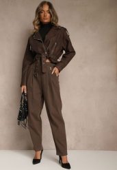 Brązowe Spodnie High Waist z Bawełny o Szerokim Kroju Nalitia. Brązowe spodnie materiałowe damskie Renee, bez wzorów, z bawełny, z podwyższonym stanem. Za 69.99 zł.