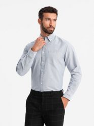 Elegancka koszula męska oxford z haftem i kieszonką – jasnoszara V2 OM-SHOS-0173 - XXL. Szare koszule męskie Ombre Clothing, l, bez wzorów, z bawełny, biznesowe, bez kołnierzyka, bez ramiączek. W wyprzedaży za 109.99 zł.