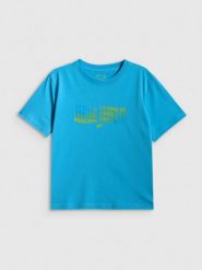 4F T-shirt boxy z nadrukiem damski - niebieski XS. Niebieskie t-shirty damskie 4F, xs, bez wzorów, z bawełny, bez kołnierzyka, bez ramiączek. Za 69.99 zł.