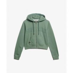 Króka bluza z kapturem zapinana na zamek dla kobiet Superdry Athletic Essentials. Zielone bluzy damskie Superdry, bez wzorów, bez ramiączek, z kapturem. Za 327.70 zł.