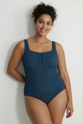 Damski Strój kąpielowy struktura waflowa miękki miseczki dekolt karo. Niebieskie stroje kąpielowe damskie Ulla Popken, plus size, bez wzorów, z elastanu. Za 211.99 zł.