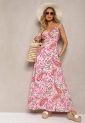 Różowa Rozkloszowana Sukienka na Lato Ozdobiona Printem Paisley z Kopertowym Dekoltem Dionita. Czerwone sukienki damskie Renee, na co dzień, na lato, m, bez wzorów, eleganckie, bez kołnierzyka, bez ramiączek, maxi, kopertowe. Za 49.99 zł.