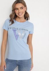 Jasnoniebieski T-shirt z Bawełny Ozdobiony Napisem i Cyrkoniami Raltebis. Niebieskie t-shirty damskie Born2be, m, bez wzorów, z bawełny, klasyczne, bez kołnierzyka, bez ramiączek. Za 34.99 zł.