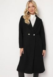 Czarny Luźny Płaszcz na Biżuteryjny Guzik Zanhuesa. Czarne płaszcze damskie Born2be, l, bez wzorów, eleganckie, bez kołnierzyka, bez kaptura. Za 189.99 zł.