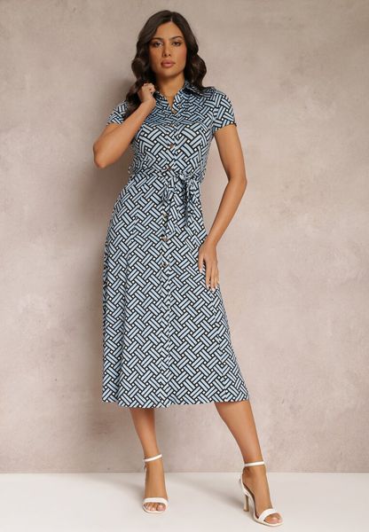 Niebieska Geometryczna Sukienka Midi z Kołnierzem i Paskiem z Materiału Mehisi. Niebieskie sukienki damskie Renee, na co dzień, l, bez wzorów, z tkaniny, bez kołnierzyka, bez ramiączek, midi, koszulowe. Za 179.99 zł.