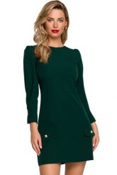 Elegancka sukienka trapezowa z bufiastymi rękawami butelkowa zieleń. Zielone sukienki damskie Makover, na imprezę, s, bez wzorów, eleganckie, bez kołnierzyka, bez ramiączek, trapezowe. Za 259.00 zł.