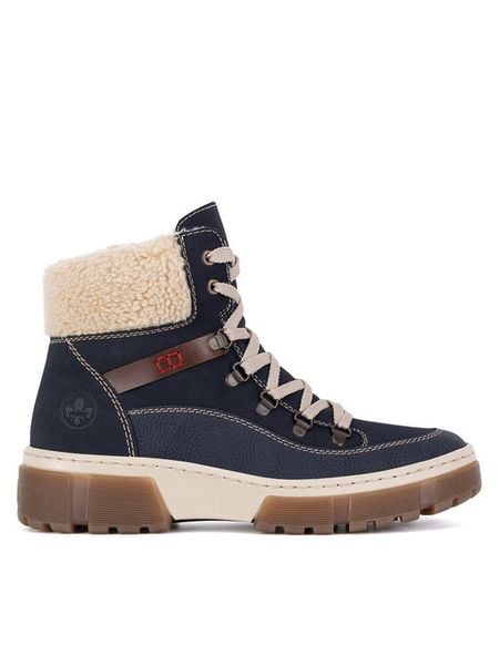 Rieker Botki X8638-14 Niebieski. Niebieskie botki damskie Rieker, bez wzorów, z materiału, bez obcasa, na płaskiej podeszwie, bez zapięcia. Za 258.99 zł.