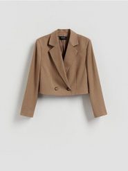 Marynarka z wiskozą - brązowy. Brązowe marynarki i żakiety damskie Reserved, bez wzorów, z tkaniny, bez kołnierzyka, bez ramiączek. Za 199.99 zł.