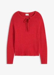 Gruby sweter z wiązaniem przy dekolcie. Czarne swetry nierozpinane damskie bonprix, bez wzorów, bez kołnierzyka, bez ramiączek. Za 99.99 zł.