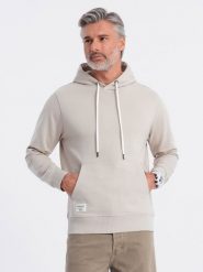 Męska bluza dresowa kangurka z kapturem - jasnobeżowa V1 OM-SSBN-0177 - XXL. Brązowe bluzy męskie Ombre Clothing, l, z aplikacjami, z bawełny, z kapturem. Za 77.99 zł.
