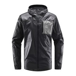 Kurtka turystyczna męska Haglöfs L.I.M Shield Hood przeciwdeszczowa. Czarne kurtki męskie Haglöfs, l, bez wzorów, z softshellu, sportowe, bez kaptura. Za 379.99 zł.