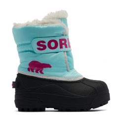 Śniegowce juniorskie Sorel Snow Commander. Niebieskie buty zimowe męskie Sorel, na zimę, bez wzorów, bez obcasa, bez zapięcia. W wyprzedaży za 229.00 zł.