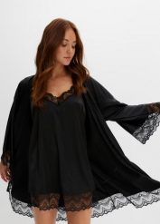 Szlafrok kimono + koszulka nocna (kompl. 2-częściowy). Czarne szlafroki damskie bonprix, bez wzorów, z koronki, bez ramiączek, bez kaptura. Za 142.99 zł.