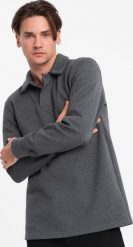 Ombre Bluza męska z kołnierzykiem polo ze strukturalnej dzianiny - grafitowy melanż V1 OM-SSNZ-0149 M. Szare bluzy męskie Ombre, m, bez wzorów, z dzianiny, bez ramiączek, bez kaptura. Za 169.99 zł.
