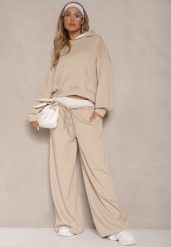 Beżowy Komplet Dresowy z Wiskozą Bluza i Spodnie o Szerokim Kroju Lisanora. Brązowe bluzy damskie Renee, bez wzorów, z dresówki, eleganckie, bez ramiączek, z kapturem. Za 169.99 zł.