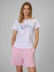 4F T-shirt regular z nadrukiem damski - biały XL. Białe t-shirty damskie 4F, xl, bez wzorów, z bawełny, biznesowe, bez kołnierzyka, bez ramiączek. Za 59.99 zł.
