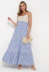 Niebieska Rozkloszowana Sukienka Maxi z Wiskozy w Kwiatowy Print i z Szydełkowym Wzorem Adviana. Niebieskie sukienki damskie Born2be, m, bez wzorów, z wiskozy, bez kołnierzyka, bez ramiączek, maxi, rozkloszowane. Za 89.99 zł.