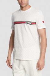 GUESS Biały męski t-shirt w monogram James, Rozmiar S. Białe t-shirty męskie Guess, m, z aplikacjami, bez kołnierzyka, bez ramiączek. Za 249.99 zł.