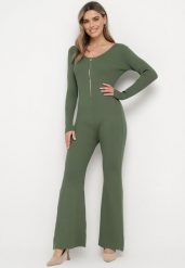 Zielony Wiskozowy Kombinezon Bodycon z Prążkowaniem i Suwakiem Alnorema. Zielone sukienki damskie Born2be, bez wzorów, prążkowane, eleganckie, bez kołnierzyka, bez ramiączek, bodycon. Za 129.99 zł.