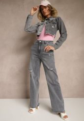 Szare Jeansy High Waist z Szeroką Nogawką Zdobione Przetarciami Liozina. Szare jeansy damskie Renee, z aplikacjami, z jeansu, eleganckie, z podwyższonym stanem. Za 119.99 zł.