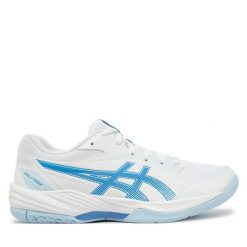 Buty halowe Asics. Białe obuwie sportowe damskie Asics, bez wzorów, bez zapięcia. Za 399.99 zł.