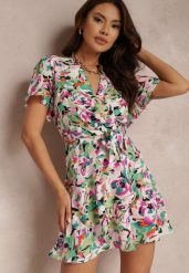 Zielona Sukienka Agamorior. Zielone sukienki damskie Renee, l, z aplikacjami, z materiału, eleganckie, bez kołnierzyka, bez ramiączek, mini, kopertowe. Za 49.99 zł.