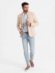 Męska marynarka SLIM z dzianiny o subtelnej strukturze – beżowa V5 - Rozmiar: L. Brązowe marynarki męskie Ombre Clothing, l, bez wzorów, z dzianiny, biznesowe, bez kołnierzyka, bez ramiączek. W wyprzedaży za 314.99 zł.