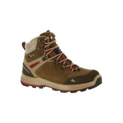 Buty trekkingowe wysokie TREK 100 damskie. Brązowe obuwie trekkingowe damskie QUECHUA, z poliesteru, bez zapięcia. Za 249.99 zł.