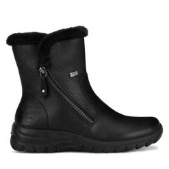 Botki Rieker. Czarne botki damskie Rieker, bez wzorów, bez obcasa, na płaskiej podeszwie, bez zapięcia. Za 429.99 zł.