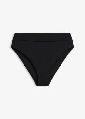 Figi bikini z wysoką talią, szybkoschnące, z wysokim wycięciem na nogi. Czarne bikini bonprix, bez wzorów. Za 64.99 zł.