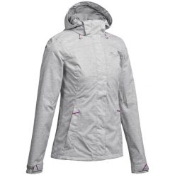 Second Life - Kurtka turystyczna damska Quechua MH100 wodoodporna - Stan Dobry. Szare kurtki sportowe damskie QUECHUA, m, bez wzorów, z materiału, bez ramiączek, z kapturem, trekkingowe. Za 126.99 zł.
