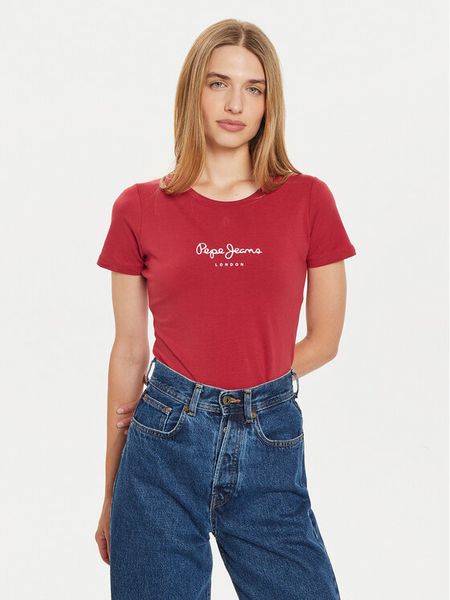 Pepe Jeans T-Shirt New Virginia PL505202 Czerwony Slim Fit. Czerwone t-shirty damskie Pepe Jeans, xs, bez wzorów, z bawełny, bez kołnierzyka, bez ramiączek. Za 79.99 zł.