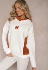 Biała Bluza z Bawełny z Ozdobną Naszywką z Misiem i Polarowym Kapturem Hecatia. Białe bluzy damskie Renee, z aplikacjami, z bawełny, casualowe, bez ramiączek, z kapturem. Za 99.99 zł.