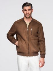Kurtka bomberka męska z imitacji zamszu - brązowa V1 - Rozmiar: S. Brązowe kurtki męskie Ombre Clothing, l, z aplikacjami, z materiału, wizytowe, bez kaptura. Za 399.99 zł.