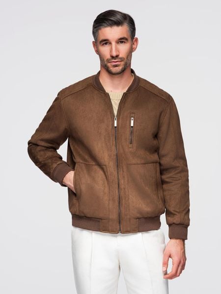 Kurtka bomberka męska z imitacji zamszu - brązowa V1 - Rozmiar: S. Brązowe kurtki męskie Ombre Clothing, l, z aplikacjami, z materiału, wizytowe, bez kaptura. Za 399.99 zł.