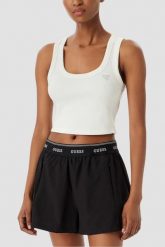 GUESS Biały krótki damski tank top Silvy Rib, Rozmiar M. Białe topy damskie Guess, m, z aplikacjami, z materiału, eleganckie, bez kołnierzyka, bez ramiączek. Za 189.99 zł.
