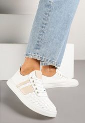 Beżowo-Białe Tenisówki Ozdobione Paskami Meloti. Brązowe trampki i tenisówki damskie Renee, bez wzorów, z jeansu, bez zapięcia. Za 49.99 zł.