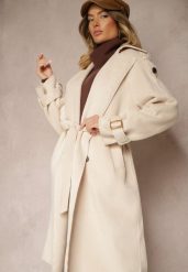 Beżowy Dwurzędowy Płaszcz Trencz o Eleganckim Kroju z Paskiem Edioneta. Brązowe płaszcze damskie Renee, l, bez wzorów, z jeansu, biznesowe, bez kołnierzyka, bez kaptura. Za 219.99 zł.
